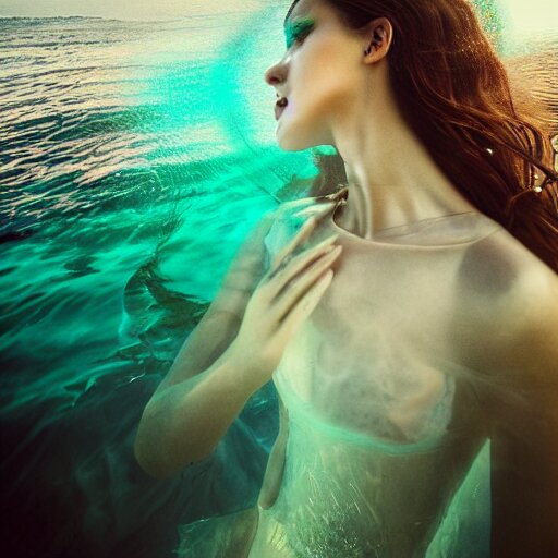 alluring portrait woman made of glass emerging out of the ocean at sunset, realistic reflections, translucency, ray tracing, 3 - d render, intricate details, masterpiece, surreal, style of jovana rikalo 