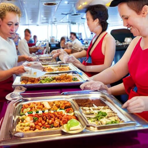 satan filling plates of food from the buffet on a cruise liner 