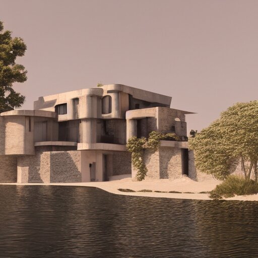 brutalist villa on edge of a lake, antoni gaudi and le corbusier, photorealistic, cinematic, volume light, rendered in octane, artstation