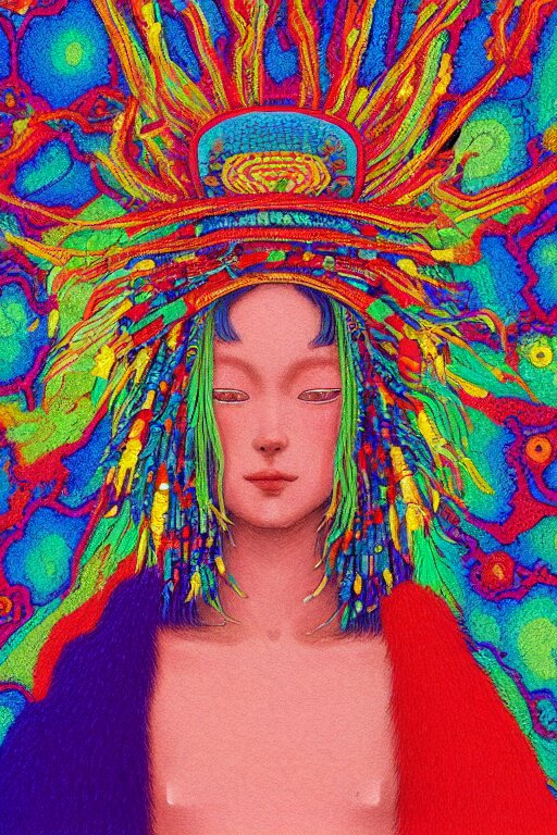 a colorful vibrant closeup portrait of a fashion model with a beaded headdress and dreaming psychedelic hallucinations, by kawase hasui, moebius, edward hopper and james gilleard, zdzislaw beksinski, steven outram colorful flat surreal design, hd, 8 k, artstation 