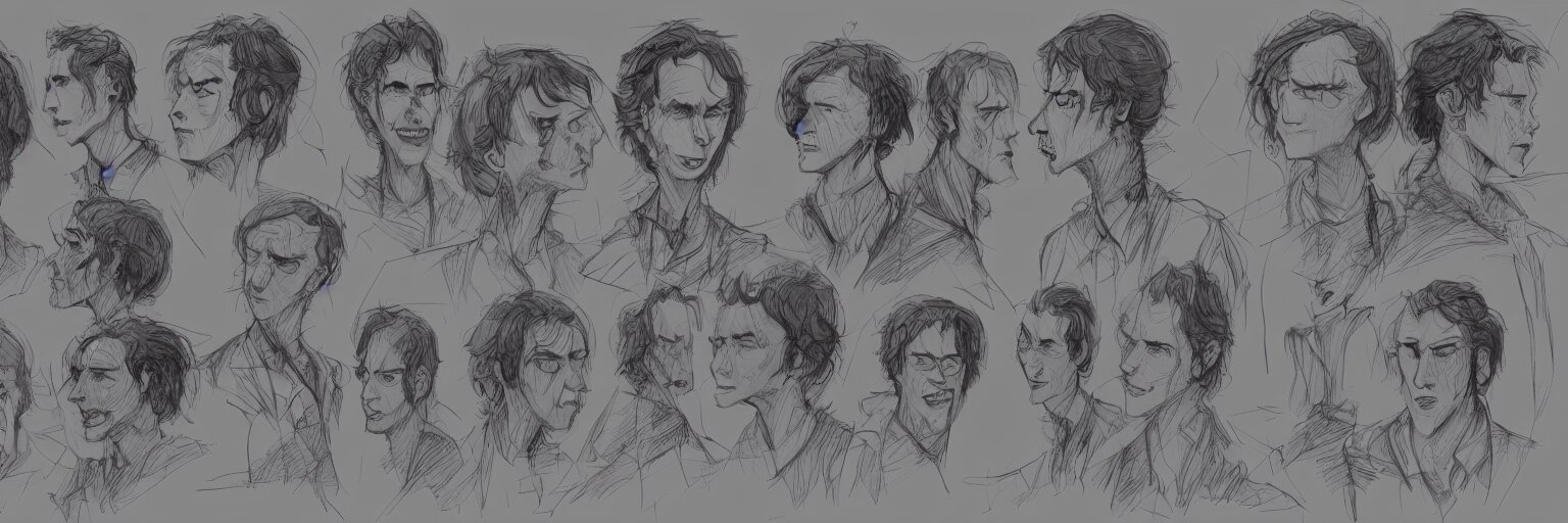 character study of julian lage and paul dano, clear faces, wild, crazy, character sheet, fine details, concept design, contrast, kim jung gi, pixar and da vinci, trending on artstation, 8 k, full body and head, turnaround, front view, back view, ultra wide angle 