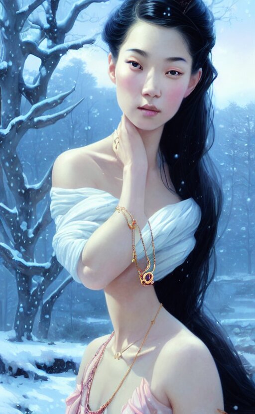 a beautiful young charming asian goddess with sundress + jewelry + shinny eyes | | winter, symmetric, realistic shaded, unpleasant face, good looking, fine details, dior, lv, realistic shaded lighting poster by greg rutkowski, macoto takahashi, magali villeneuve, artgerm, jeremy lipkin and michael garmash 