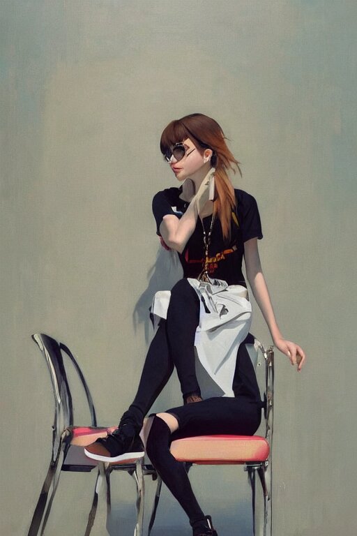 A ultradetailed beautiful panting of a stylish woman looking at the camera, she is wearing streetwear, she is sitting on a chair, bright sunny day, Oil painting, by Ilya Kuvshinov, Greg Rutkowski and Makoto Shinkai