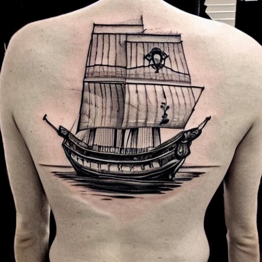 realism tattoo design of a pirate ship, by Matteo Pasqualin tattoo artist, on white paper