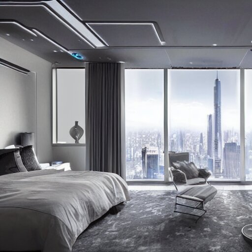 a futuristic luxury white bedroom with ceiling high windows looking out to a cyberpunk cityscape