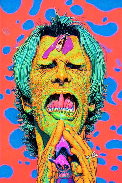 a colorful vibrant closeup portrait of Aerosmith licking a tab of LSD acid on his tongue and dreaming psychedelic hallucinations, by kawase hasui, moebius, Edward Hopper and James Gilleard, Zdzislaw Beksinski, Steven Outram colorful flat surreal design, hd, 8k, artstation