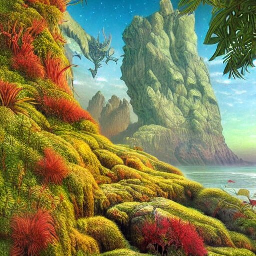 digital painting of a lush natural scene on an alien planet by gerald brom. digital render. detailed. beautiful landscape. colourful weird vegetation. cliffs and water. 