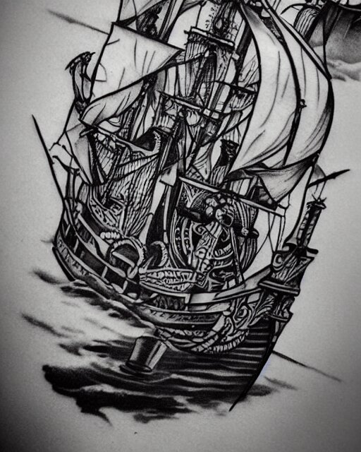 A tattoo design on paper of a pirate ship, on paper, black and white, highly detailed tattoo, realistic tattoo, by nik lucas