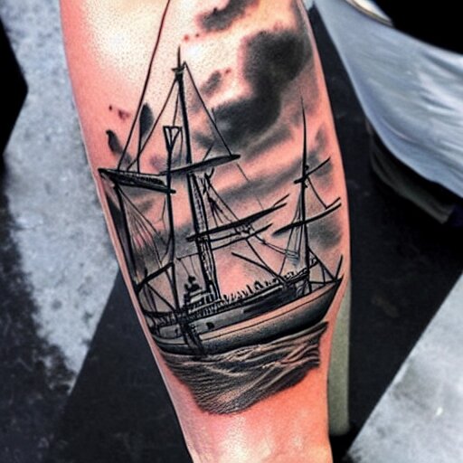 realism tattoo design of a pirate ship, by Matteo Pasqualin tattoo artist