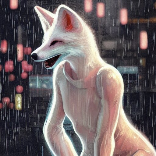 white anthropomorphic female vulpes vulpes fulva, eating ramen from a bowl, in the rain by a noodle kiosk, in crowded and wet street of a city, cyberpunk, harsh neon lights, highly detailed, digital painting, trending on artstation, concept art, sharp focus, illustration, art by artgerm and greg rutkowski and magali villeneuve 