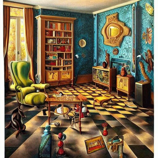 a painting of a living room filled with furniture, a surrealist painting by jacek yerka, cgsociety, fantastic realism, maximalist, surrealist, detailed painting 