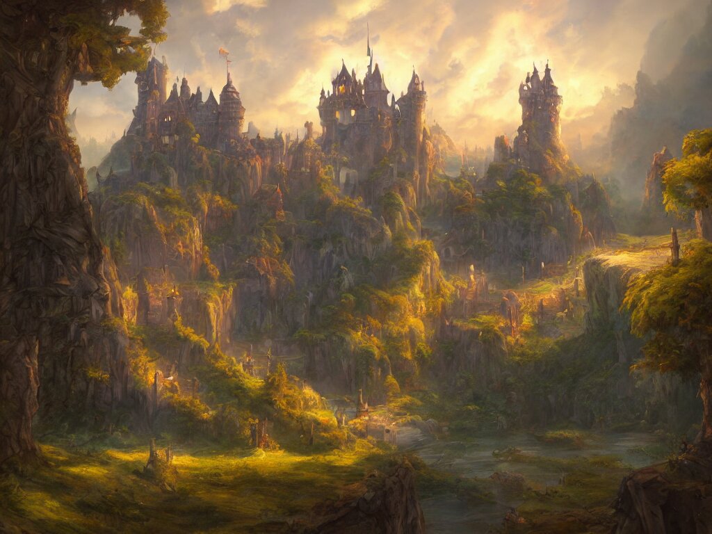 a beautiful masterpiece painting of a castle in a fantasy landscape by tyler edlin, perfect fine weather, summer, award winning, trending on artstation, 