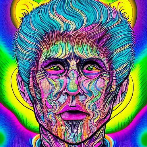 a psychedelic godlike humanoid, hyper detailed, in the style of rutkowski and junji ito and bob ross and lisa frank, selfie 