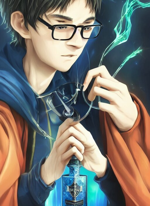 digital art, sharp focus, close - up, character portrait, a seventeen years old male!! ravenclaw wizard black, slightly wavy hair, wearing browline!! glasses!!! with a potion bottle!!!, blue shiny lighting, beautiful fantasy art, film still, masterpiece, award winning, symmetry, by artgerm and hayao miyazaki, by rutkowsky, by alphonse mucha, artstation, hq, trending on artstation 