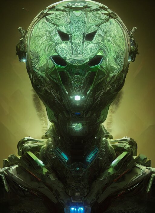 symmetry!! portrait of green alien in the style of horizon zero dawn, machine face, intricate, elegant, highly detailed, digital painting, artstation, concept art, smooth, sharp focus, illustration, art by artgerm and greg rutkowski and alphonse mucha, 8 k 