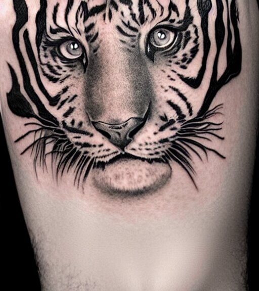 tattoo design of a beautiful girl warrior under a tiger head, hyper realistic, realism tattoo, by eliot kohek, beautiful eyes, realistic face, black and white, white background 