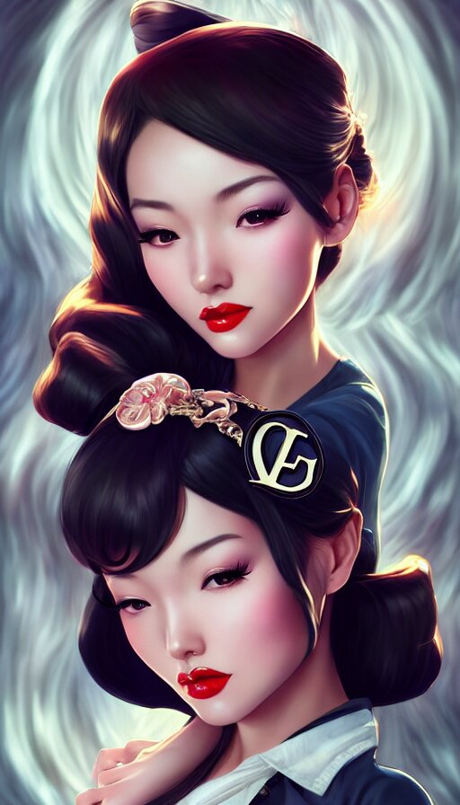 a pin up and beautiful fashion and charming and dreamlke asian girl with lv jewelry, medium shot, art by artgerm & ross tran & wlop, hyperdetailed, 8 k realistic, symmetrical, frostbite 3 engine, cryengine, dof, trending on artstation, digital art 