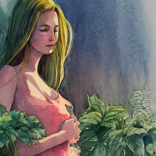 Woman in a beautiful happy picturesque charming sci-fi city in harmony with nature. Beautiful light. Water and plants. Nice colour scheme, soft warm colour. Beautiful detailed watercolor by Lurid. (2022)