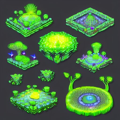 concept art 2 d game asset of furniture with an organic isometric design based on bioluminescent alien - like plants inspired by the avatar's bioluminescent alien nature. around the furniture, we can see plants that glow in the dark. all in isometric perspective and semi - realistic style item is in a black background colorful neons masterpiece 