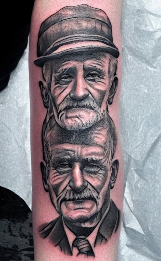 a tattoo of an old man wearing a hat on top of a tower, ultra detailed, tattoo, 8 k 