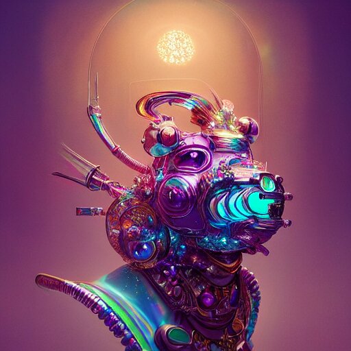 iridescent opalescent cyborg animal in candyland, warm tones : by michal karcz, daniel merriam, victo ngai and guillermo del toro : ornate, dynamic, particulate, intricate, elegant, highly detailed, centered, artstation, smooth, sharp focus, octane render 