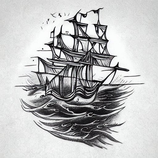 a pirate ship sailing in the sea, realism tattoo design, white paper background, by Matteo Pasqualin tattoo artist