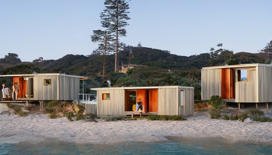 An architectural rending of an eco-community neighborhood of innovative contemporary 3D printed sea ranch style cabins with rounded corners and angles, beveled edges, made of cement and concrete, organic architecture, on the California coastline with side walks, parks and public space , Designed by Gucci and Wes Anderson, golden hour