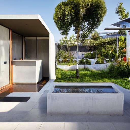 small elongated backyard with hut office, white walls, brown tile ground, plants on the sides, modern, high definition, detailed, concrete and glass, architecture, fountain, children playground, photograph, magazine cover, luxury 