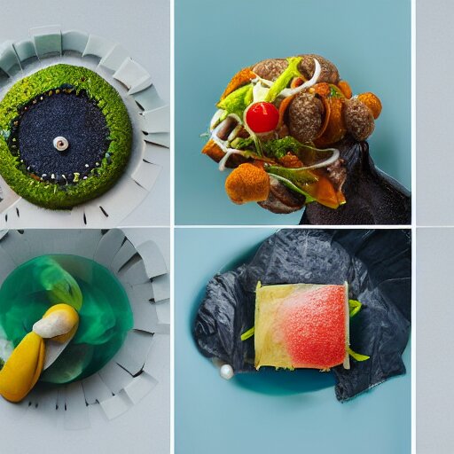 a meal of rather weird and slightly disgusting, but also futuristic designer food, food photography