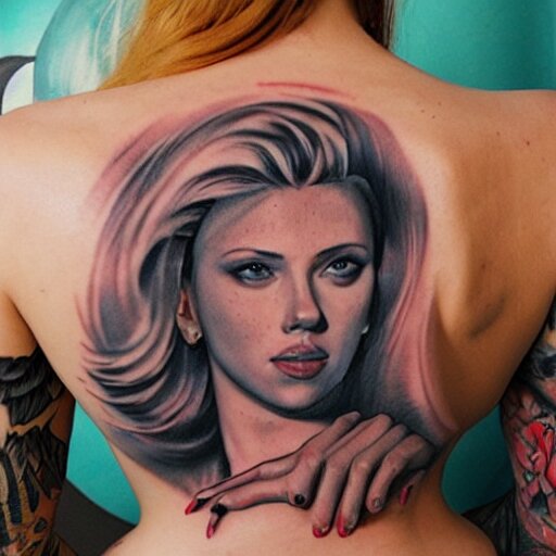 tattoo of Scarlett Johansson, by Loish, back tattoo