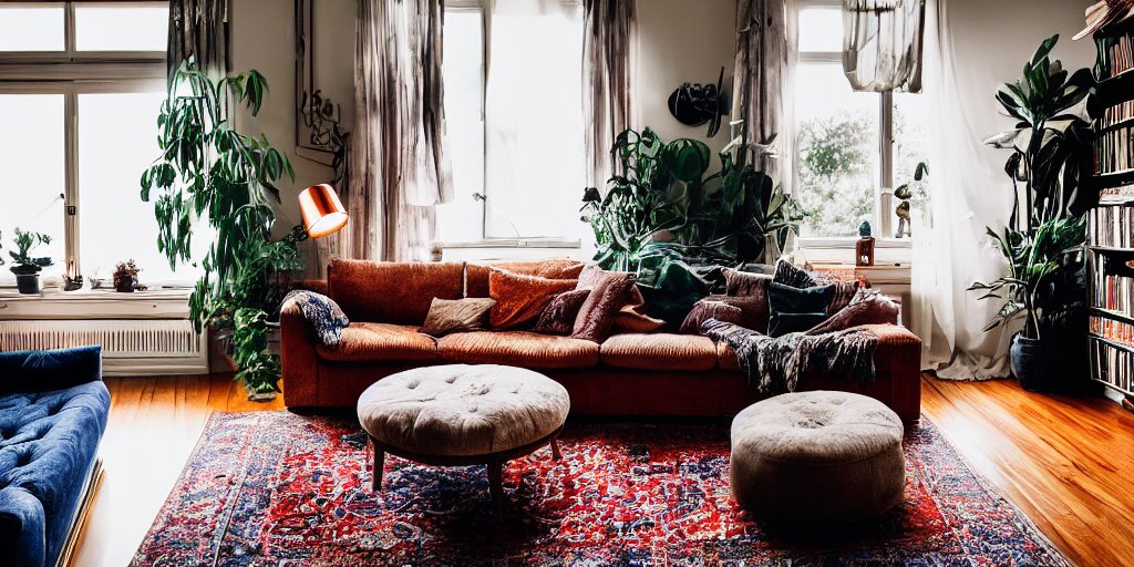 insanely detailed wide angle photograph, atmospheric, award winning interior design living room, cat, dusk, cozy and calm, fabrics and textiles, colorful accents, brass, copper, secluded, many light sources, lamps, hardwood floors, book shelf, couch, desk, balcony door, plants