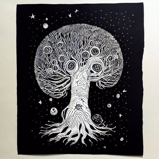 black and white ink doodle illustration of an ancient tree floating in outer space, overgrown with funghi, style by peter deligdisch, peterdraws 