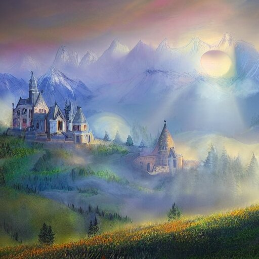 magical academy on a mountain, town below, mist, mystical, happy, sunshine, realistic, by bagshaw, tom 