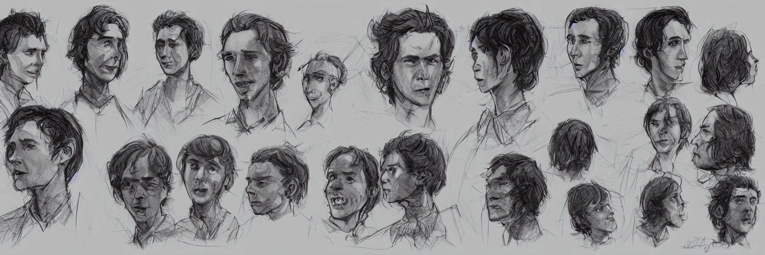 character study of julian lage and paul dano, clear faces, wild, crazy, character sheet, fine details, concept design, contrast, kim jung gi, pixar and da vinci, trending on artstation, 8 k, full body and head, turnaround, front view, back view, ultra wide angle 