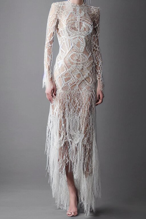 antediluvian crystal atlantean hyperborean avant garde fashion lace dress with natural pattern motifs, young white - blonde model, sharp focus, outdoors, godray lighting 