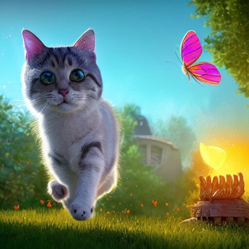 a wholesome cottagecore illustration of a cat chasing a butterfly through a portal to the 4th dimension, Pixar and Disney animation, sharp, Rendered in Redshift and Unreal Engine 5 by Greg Rutkowski, Bloom, dramatic lighting