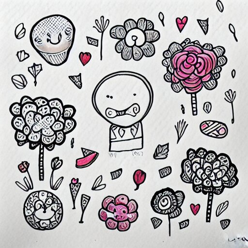 fun doodle characters, flowers, rainbows, drawn with a black 0. 3 mm fineliner on a white paper 