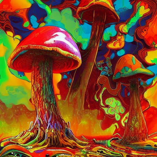 trippy angry mushroom eat a meat, acrilic paint, digital, artstation, detailed intricate ink illustration, heavenly atmosphere, digital art, overdetailed art, concept art, complementing colors, trending on artstation, cgstudio, the most beautiful image ever created, dramatic, subtle, details, award winning artwork, beautiful scenery 