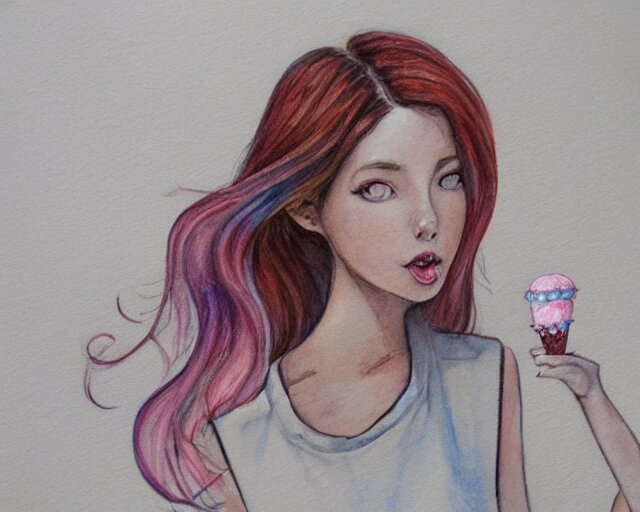 a girl with the ice cream watercolor colored pencil painting trending on artstation 