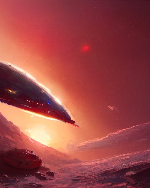 legendary space ship, ice fish shape, desert planet, cinematic, highly detailed, scifi, intricate digital painting, sunset, red glow, illustration, artstation, by johnson ting, jama jurabaev 