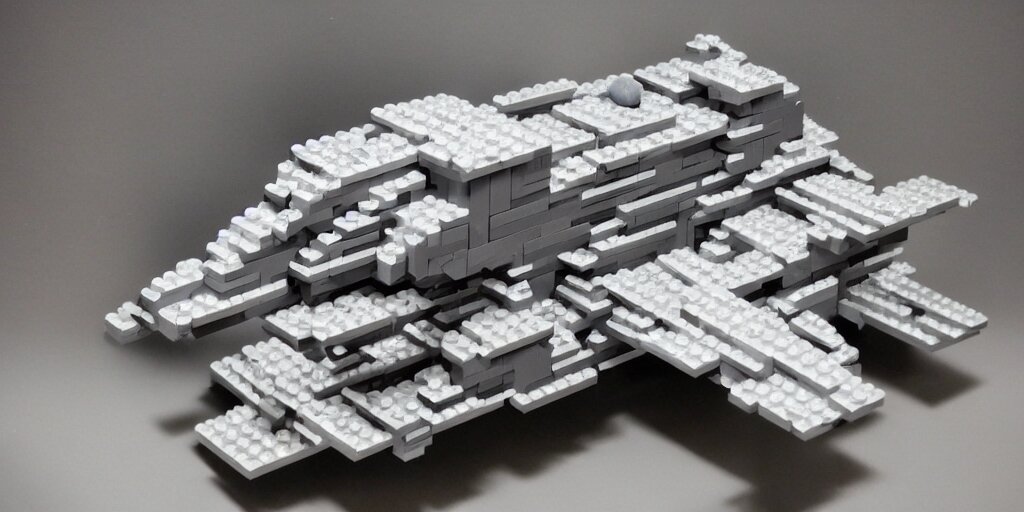 gigantic spaceship made with grey legobricks, flying in the galaxy 