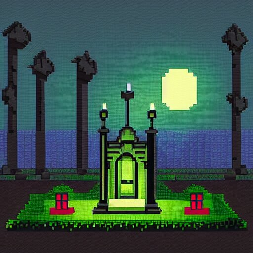 “a ((gothic)) graveyard at night, pixel art”