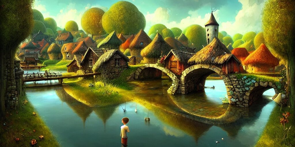  amazing detailed village with a river, water, reflection, stone bridge, art by Yohann Schepacz, art by Gediminas Pranckevicius, art by Esao Andrews