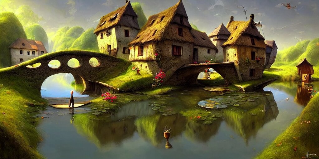  amazing detailed village with a river, water, reflection, stone bridge, art by Yohann Schepacz, art by Gediminas Pranckevicius, art by Esao Andrews