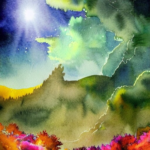 beautiful lush imposing natural scene on another planet. different than earth but beautiful. lightfall. beautiful detailed artistic watercolor. trending on artstation and deviantart. 