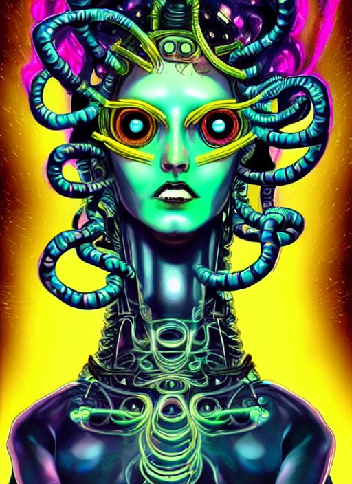 Perfectly-centered vibrant portrait-illustration of a very beautiful and puzzled looking nebulapunk cyberpunk Medusa with symmetrical facial features with a very and accurately symmetrically drawn-out body, in the style of an epic golden age sci-fi comic book cover in an awesome pose wearing a really cool cyberpunk outfit, with lots of really large ravepunk bio-luminiscent snakes as her hair that go all around and above her, next to a tall cybernetic tower with lots of glowing buttons. Super highly detailed, professional and intricate professionally made HDR digital artwork, RPG portrait, digital airbrush painting, extreme illustration, concept art, smooth, maximalist, dreamscape, Rococo, surreal dark art, cosmic horror, lovecraftian style, Aetherpunk, cinematic, Hyperdetailed, hyperrealistic, enchanting, otherworldly, arthouse, sinister mood, cosplay, sense of awe, Exquisite award winning picture, glowing rich colors, ethereal backlight background, 300 DPI, 8k resolution, HD quality, cinema 4d, 3D, 3d final render, 3d shading, unreal 5, octane render, 3D rim light, dynamic lighting, atmospheric lighting, iridiscent background accents, golden ratio, psychedelic highlights, dramatic shadows, 
anamorphic lens, sharp focus, trending on Gsociety, trending on ArtstationHQ, trending on deviantart, neon-noir bokeh, professionally post-processed, wide-angle action dynamic portrait