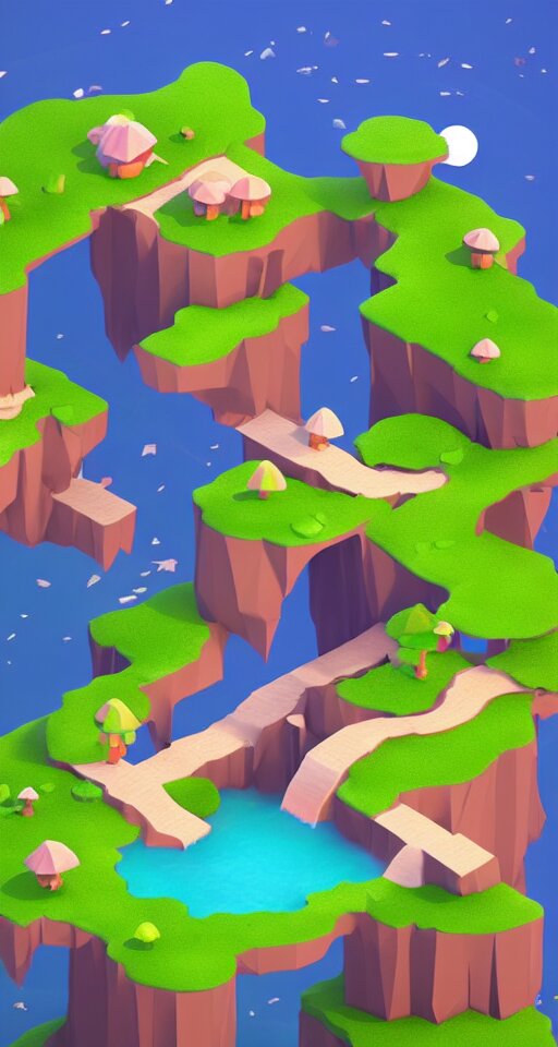 a cute little matte low poly isometric mushroom island, waterfalls, lat lighting, soft shadows, trending on artstation, 3d render, monument valley, fez video game,