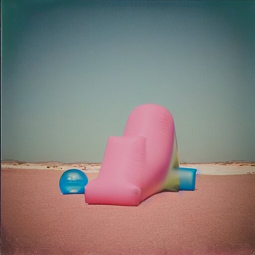 a pastel colour high fidelity Polaroid art photo from a holiday album at a pink desert with abstract inflatable parachute furniture, all objects made of transparent iridescent Perspex and metallic silver, no people, iridescence, nostalgic