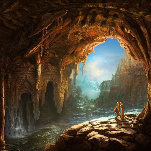 A beautiful hyper realistic detailled matte painting of the dungeon of the gods with a magic water well of Bronze energy, daylight, barometric projection, by andreas rocha john howe, and Martin Johnson Heade, featured on artstation, featured on behance, ultrawide angle