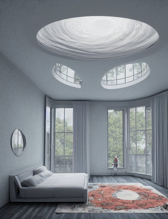 an ultra wide angle photo of a bed hovering above the floor in the middle of a giant bedroom with windows opening to other worlds by casey weldon and lee madgewick, photorealistic, octane render, recursive, flowing, cascading, multiverse, labyrinthine 